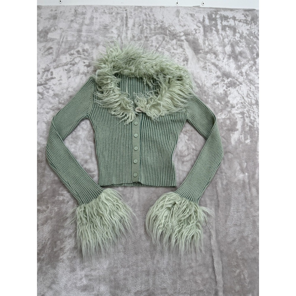 Cider Cardigan Sweater Womens Size‎ XS Mint Long Sleeve Faux Fur Button Up EUC